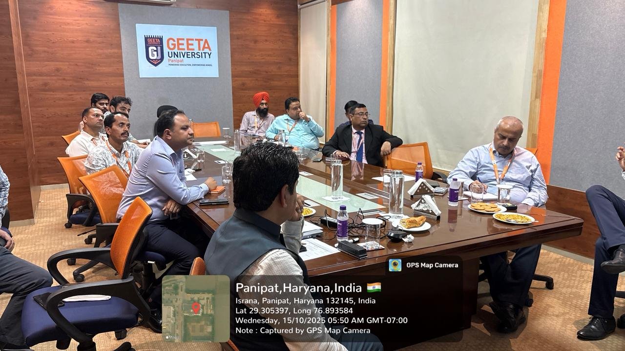 A leadership discussion during an institutional engagement at Geeta University, Panipat.
