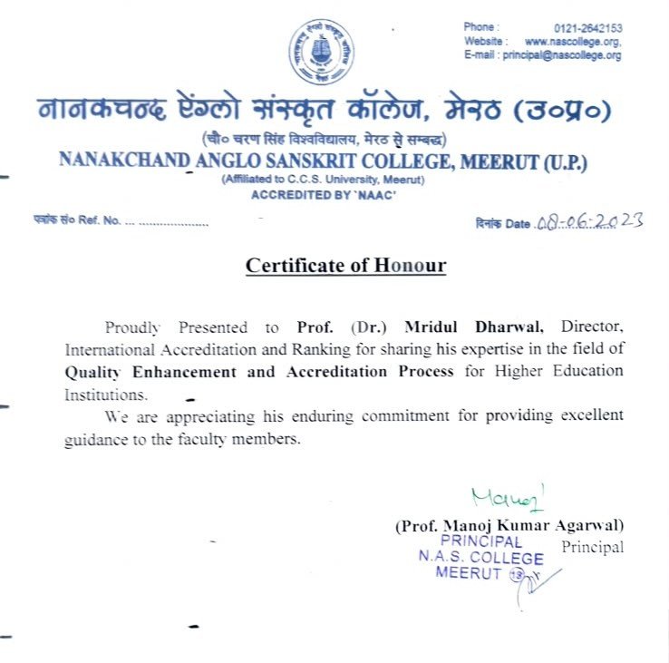 Certificate of Honour presented by Nanakchand Anglo Sanskrit College on 9 June 2023.