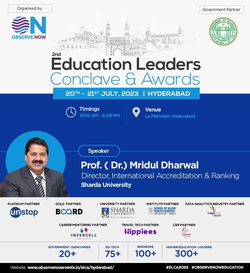 Speaker announcement for Prof. (Dr.) Mridul Dharwal at the 2nd Education Leaders Conclave & Awards in Hyderabad.