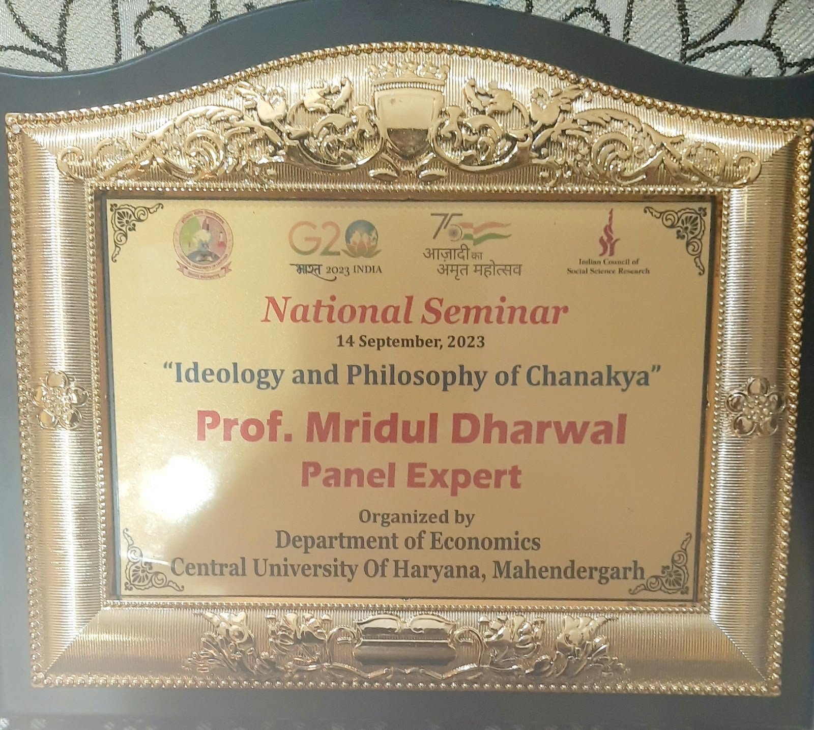 Panel Expert recognition for the National Seminar on Ideology and Philosophy of Chanakya, held on 14 September 2023.