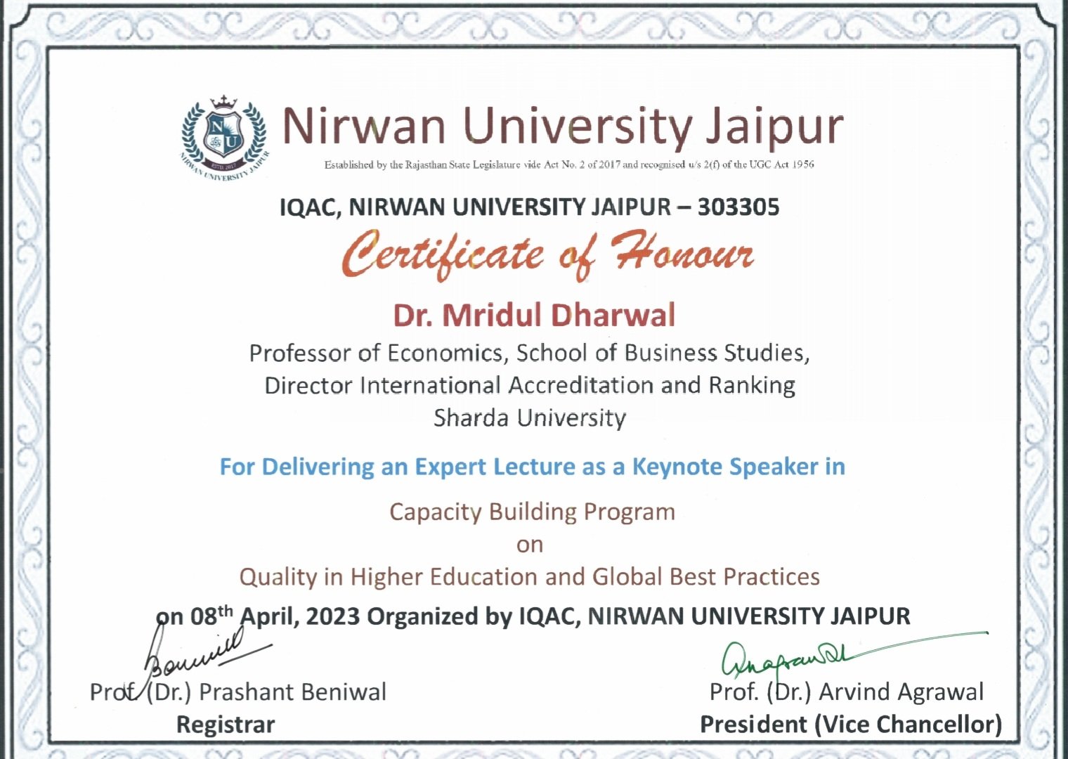 Certificate of Honour for delivering a keynote expert lecture on Quality in Higher Education and Global Best Practices on 8 April 2023.