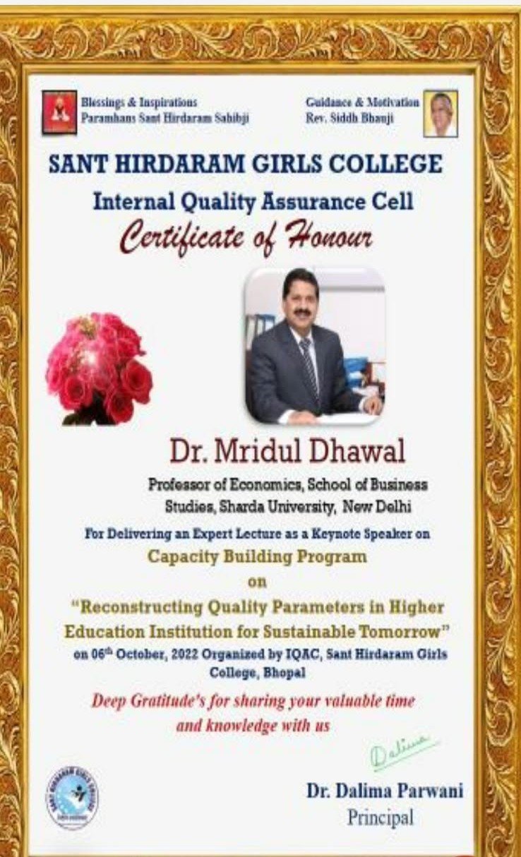 Certificate of Honour for a keynote lecture on reconstructing quality parameters in higher education for a sustainable tomorrow, delivered on 6 October 2022.