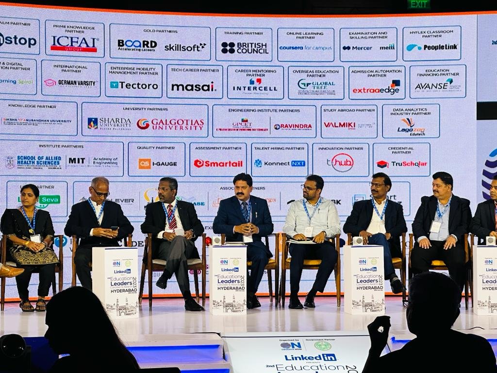 Prof. (Dr.) Mridul Dharwal participating in a higher-education leadership panel in Hyderabad.