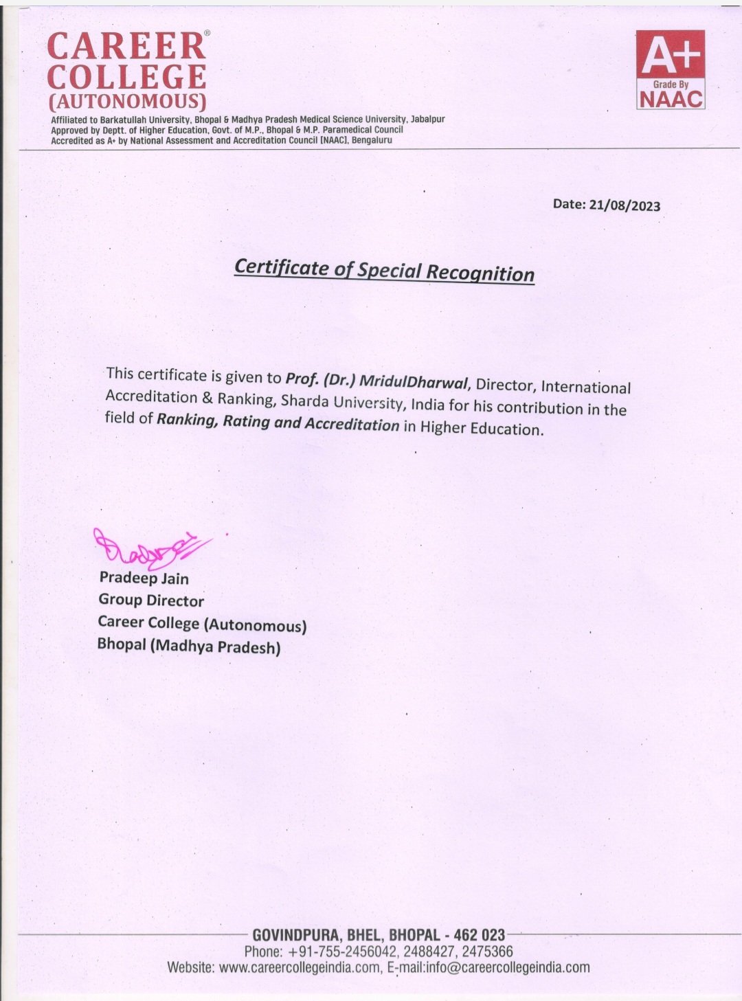 Special Recognition for contribution to ranking, rating and accreditation in higher education, dated 21 August 2023.