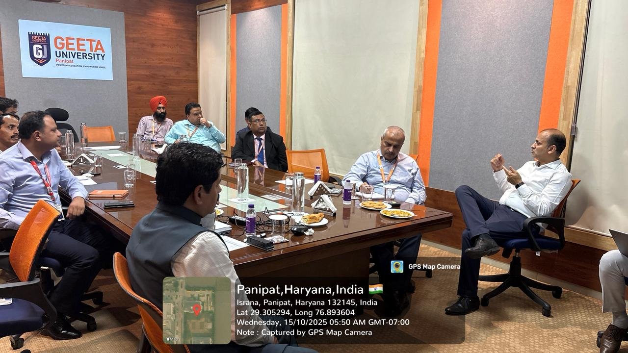Leadership discussion during an institutional engagement at Geeta University, Panipat, on 15 October 2025.
